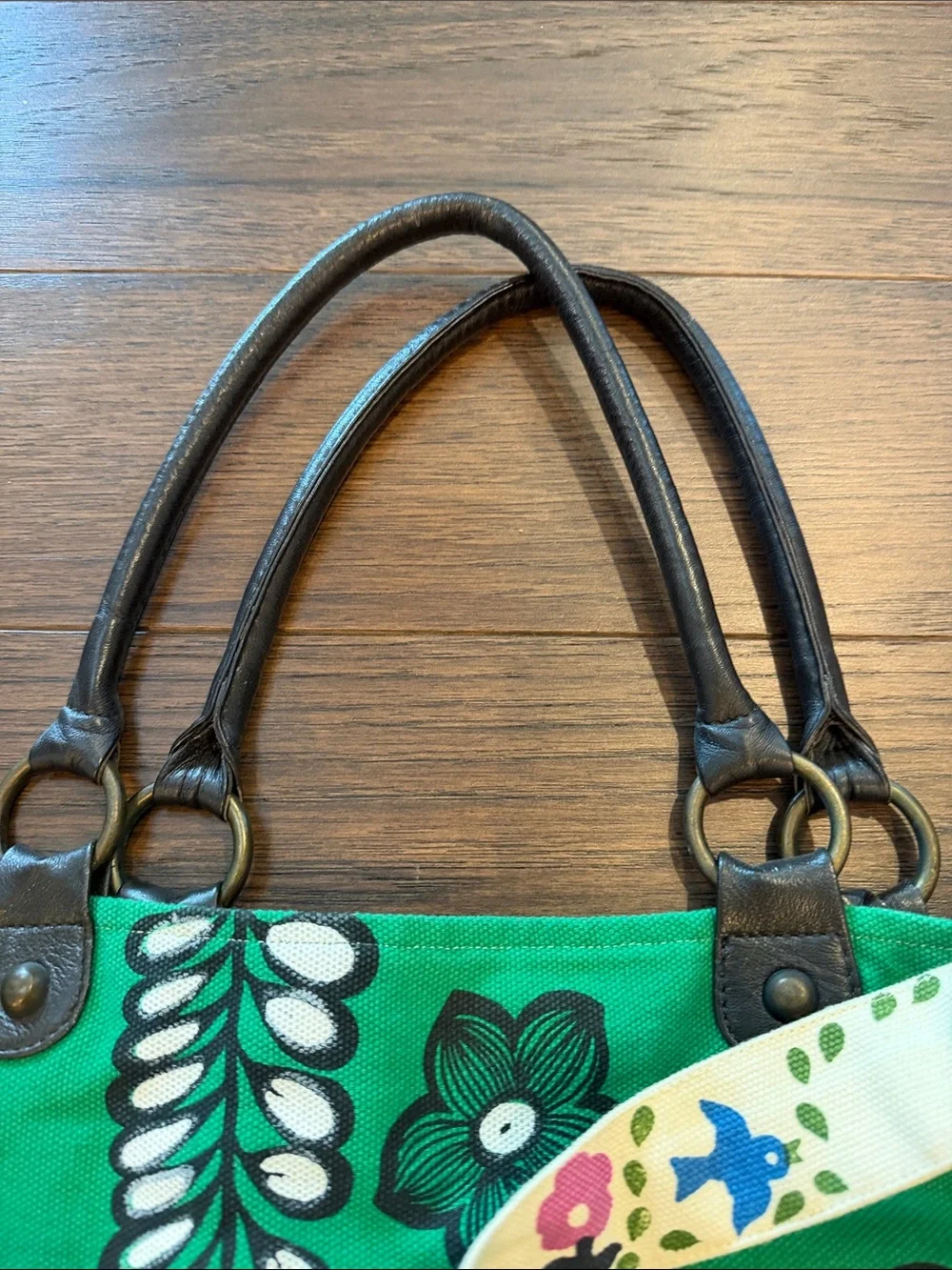 Neat Canvas Floral Tote Bag with Pink & Green Print With Leather Straps